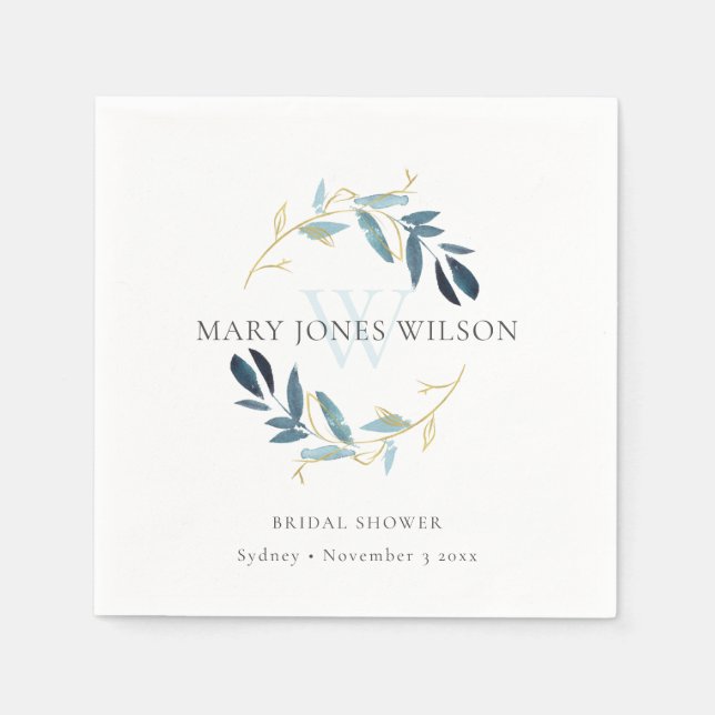 ELEGANT BLUE GOLD FOLIAGE WREATH BRIDAL SHOWER NAPKINS (Front)