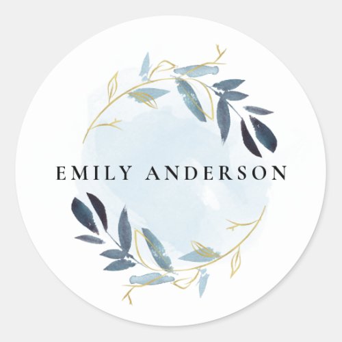 ELEGANT BLUE GOLD FOLIAGE WREATH PROFESSIONAL CLASSIC ROUND STICKER