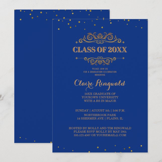 Elegant Blue Gold Formal College Graduation Party Invitation (Front/Back)