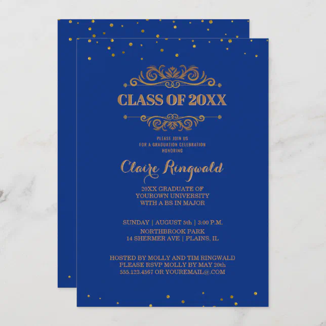 Elegant Blue Gold Formal College Graduation Party Invitation | Zazzle