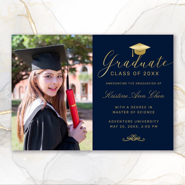 Elegant Blue Gold Formal Script Photo Graduation Announcement (Elegant Navy Blue Gold Calligraphy Photo Graduation Announcement)