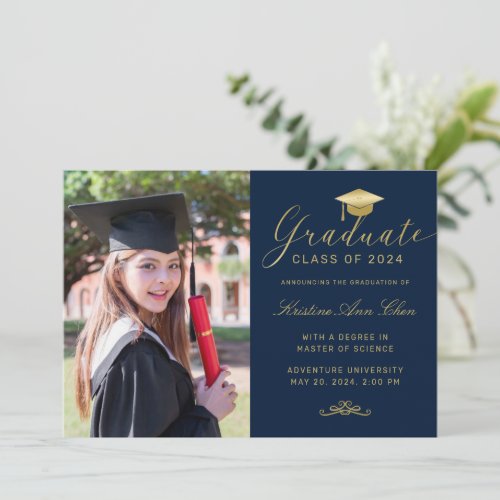 Elegant Blue Gold Formal Script Photo Graduation Announcement