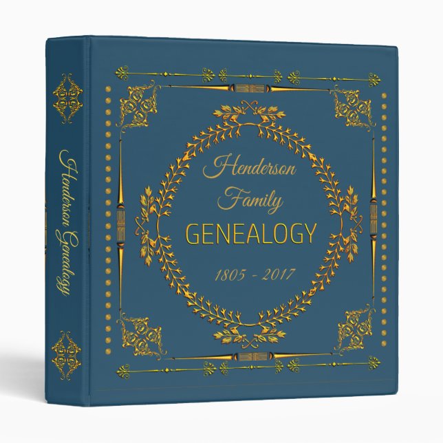 Elegant Blue Gold Genealogy Family Tree Album 3 Ring Binder (Front/Spine)