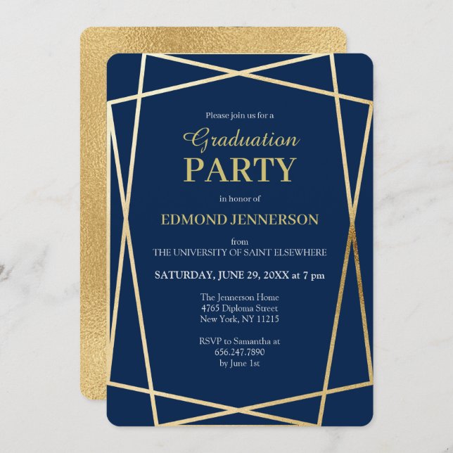 Elegant Blue Gold Geometric 2023 Graduation Party Invitation (Front/Back)