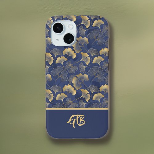 Elegant Blue Gold Ginkgo Leaves with Name Monogram iPhone 15 Case