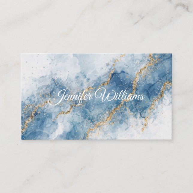 Elegant Blue Gold Glitter Abstract Flow            Business Card (Front)