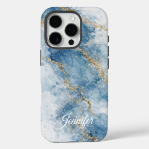 Elegant Blue Gold Glitter Abstract Flow iPhone 16 Pro Case
