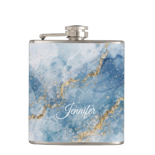 Elegant Blue Gold Glitter Abstract Flow Flask