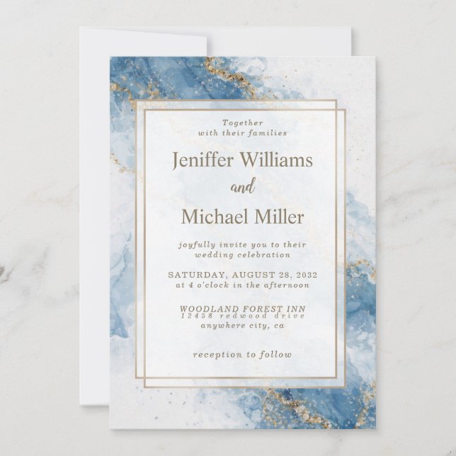 Elegant Blue Gold Glitter Abstract Flow            Invitation (Front)