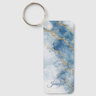 Elegant Blue Gold Glitter Abstract Flow Keychain