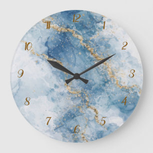 Elegant Blue Gold Glitter Abstract Flow Large Clock
