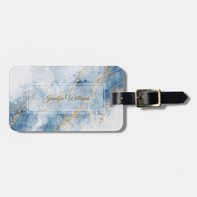 Elegant Blue Gold Glitter Abstract Flow            Luggage Tag (Front Horizontal)