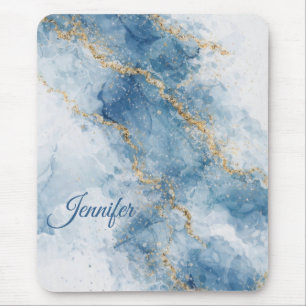 Elegant Blue Gold Glitter Abstract Flow Mouse Pad