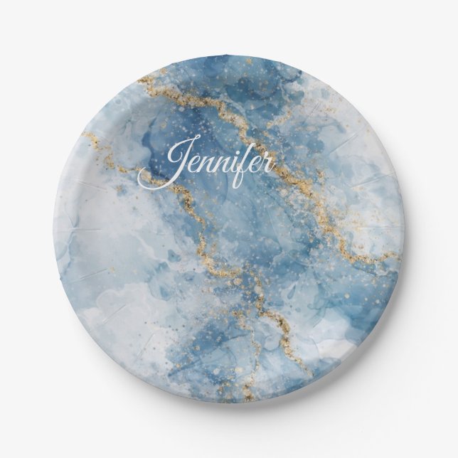 Elegant Blue Gold Glitter Abstract Flow            Paper Plates (Front)