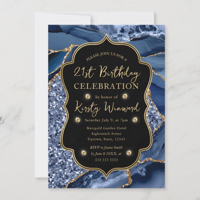 Elegant Blue & Gold Glitter Agate 21st Birthday Invitation (Front)