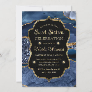 Elegant Blue & Gold Glitter Agate Sweet Sixteen Invitation