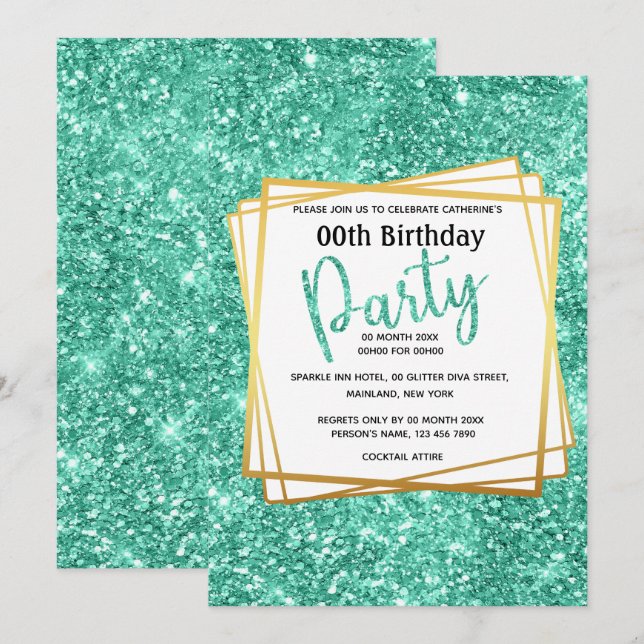 Elegant blue gold glitter birthday age party invitation (Front/Back)