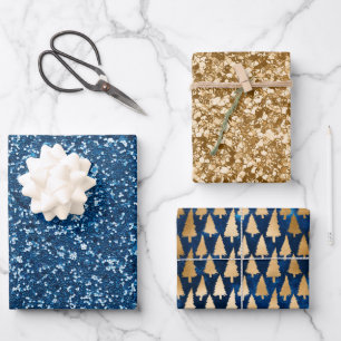 Elegant Blue Gold Glitter Christmas Trees Wrapping Paper Sheets