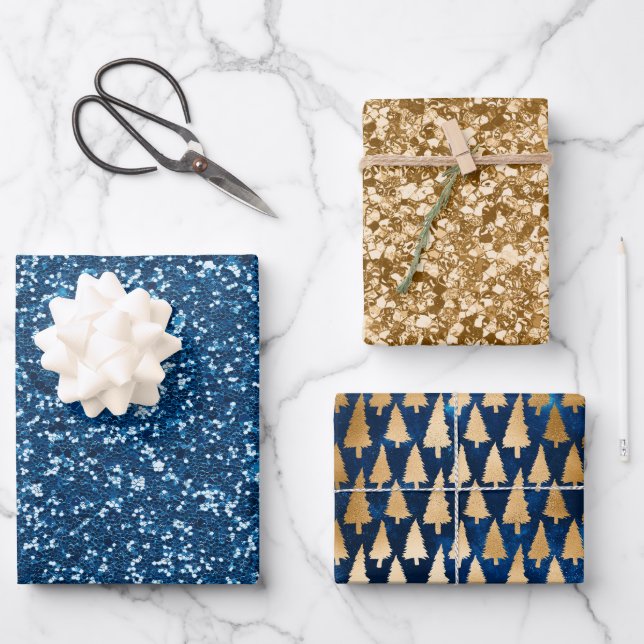 Elegant Blue Gold Glitter Christmas Trees  Wrapping Paper Sheets (Front)