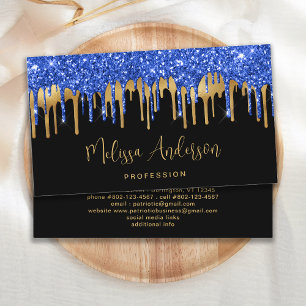 Elegant Blue Gold Glitter Drips Black Modern  Business Card