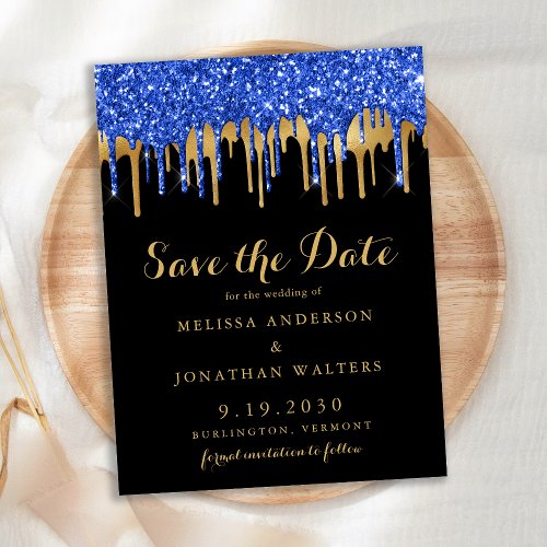 Elegant Blue Gold Glitter Drips Save The Date Announcement Postcard