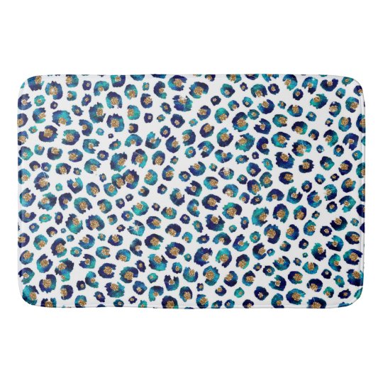 Elegant Blue Gold Glitter Leopard Animal Print Bath Mat