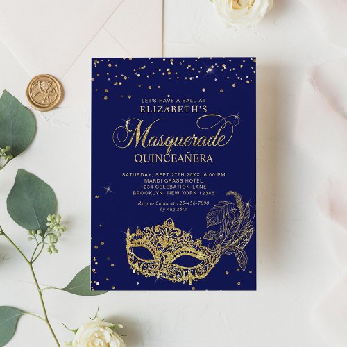 Elegant Blue Gold Glitter Masquerade Quinceaera Invitation