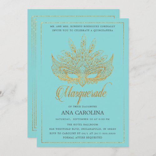 Elegant Blue Gold Glitter Masquerade Quinceaera Invitation