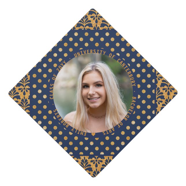 Elegant Blue Gold Glitter Modern Sparkle Photo Graduation Cap Topper (Front)