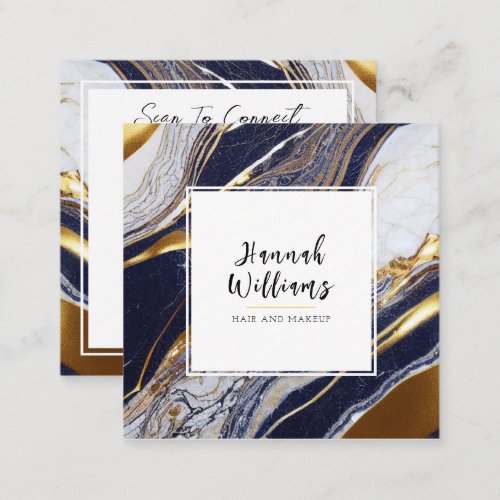 Elegant Blue Gold Glitter QR Code Abstract Marble Square Business Card