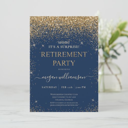 Elegant Blue Gold Glitter Retirement Party Invitation | Zazzle