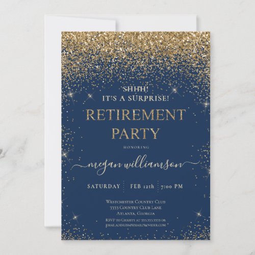 Elegant Blue Gold Glitter Retirement Party Invitation