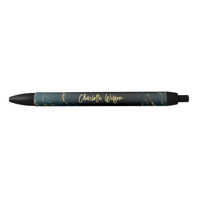 Elegant Blue Gold Glitter Script Name Monogram Pen (Front)