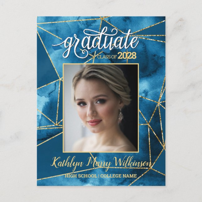 Elegant Blue Gold Glitter Script Photo Graduation Invitation Postcard (Front)
