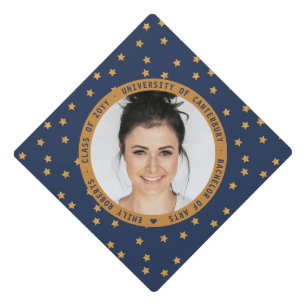 Elegant Blue Gold Glitter Star Modern Photo Graduation Cap Topper