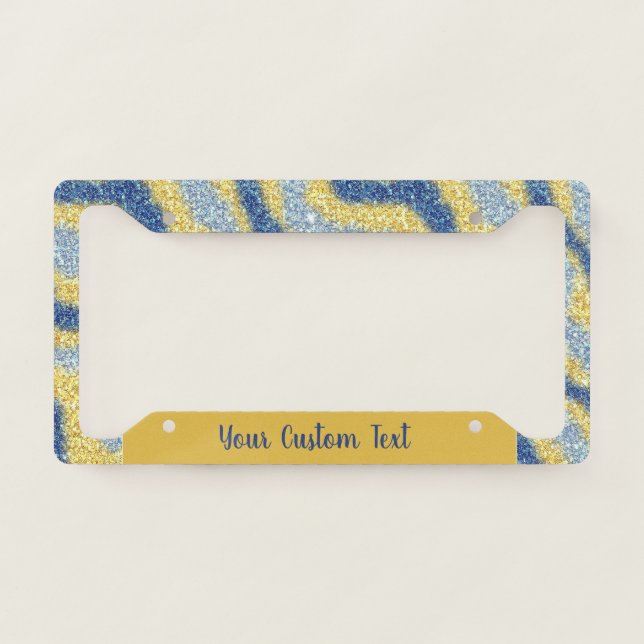 Elegant Blue Gold Glitter Wavy Pattern License Plate Frame (Front)