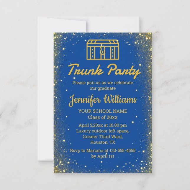 elegant blue gold glitters trunk party graduation invitation (Front)