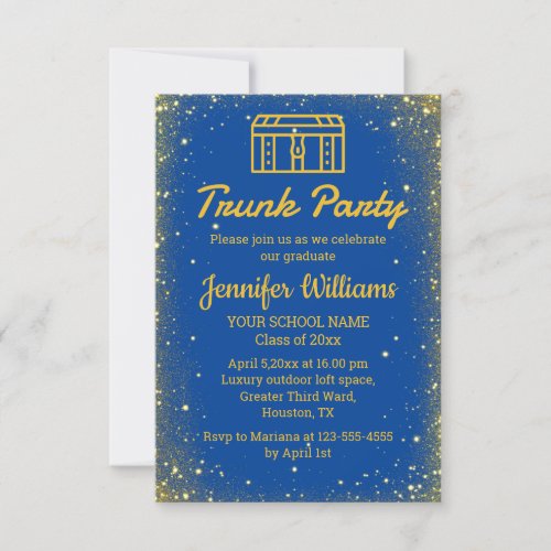 elegant blue gold glitters trunk party graduation invitation