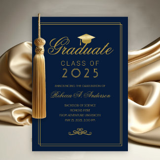Elegant Blue Gold Grad Cap College Graduation Announcement