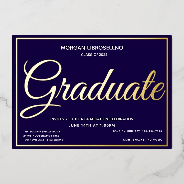 Elegant Blue Gold Graduate Graduation Foil Invitation (Front)