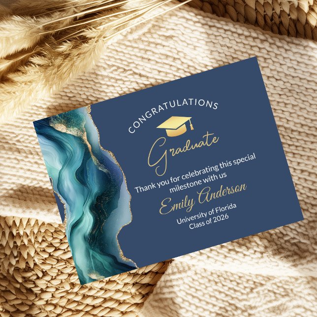Elegant Blue & Gold Graduation Congratulations Enclosure Card (Modern blue and Gold Agate, congratulations thank you enclosure card)