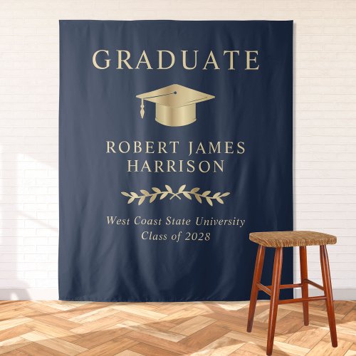 Elegant Blue Gold Graduation Party Welcome Tapestry