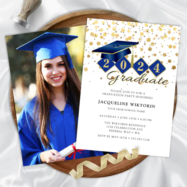 Elegant Blue Gold Graduation Photo Party Invitation | Zazzle