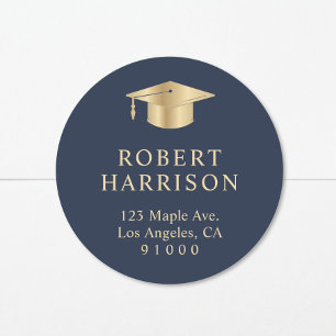 Elegant Blue Gold Graduation Return Address Classic Round Sticker
