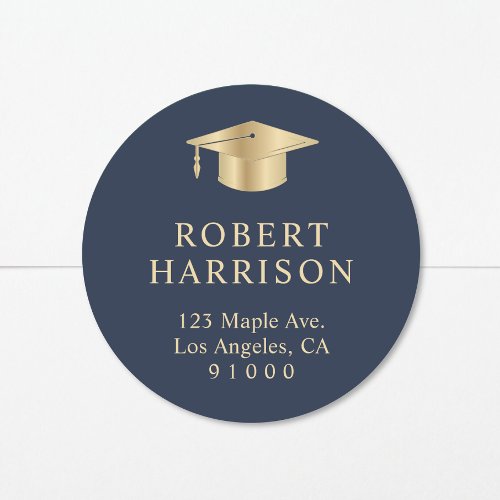 Elegant Blue Gold Graduation Return Address Classic Round Sticker