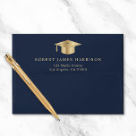Elegant Blue Gold Graduation Return Address Envelope<br><div class="desc">Elegant dark blue graduation return address envelope. The back flap features a gold grad cap and the graduate's name and address in light gold modern serif typography.</div>
