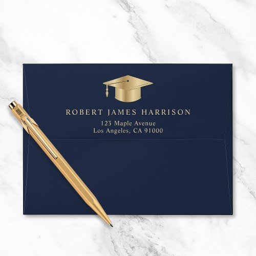 Elegant Blue Gold Graduation Return Address Envelope