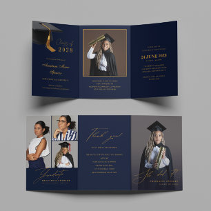 Elegant Blue Gold Graduation Tri-Fold Invitation