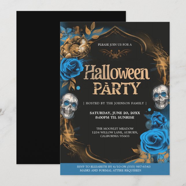 Elegant Blue & Gold Halloween Party Invitation (Front/Back)