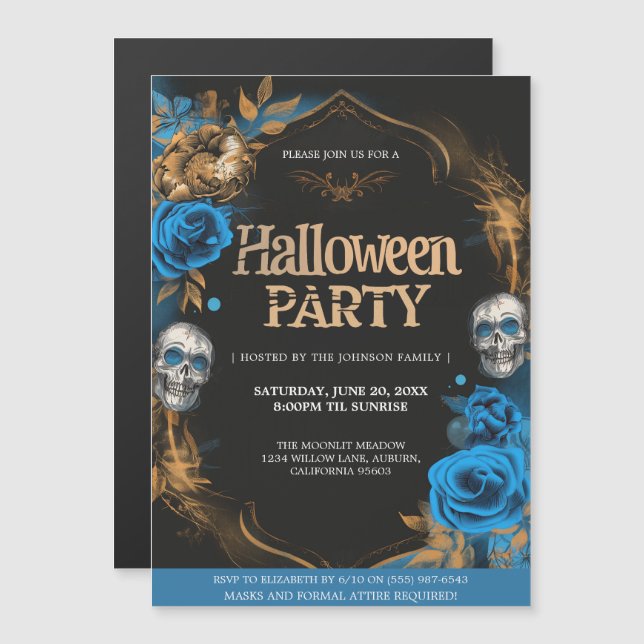 Elegant Blue & Gold Halloween Party Magnetic Invitation (Front/Back)